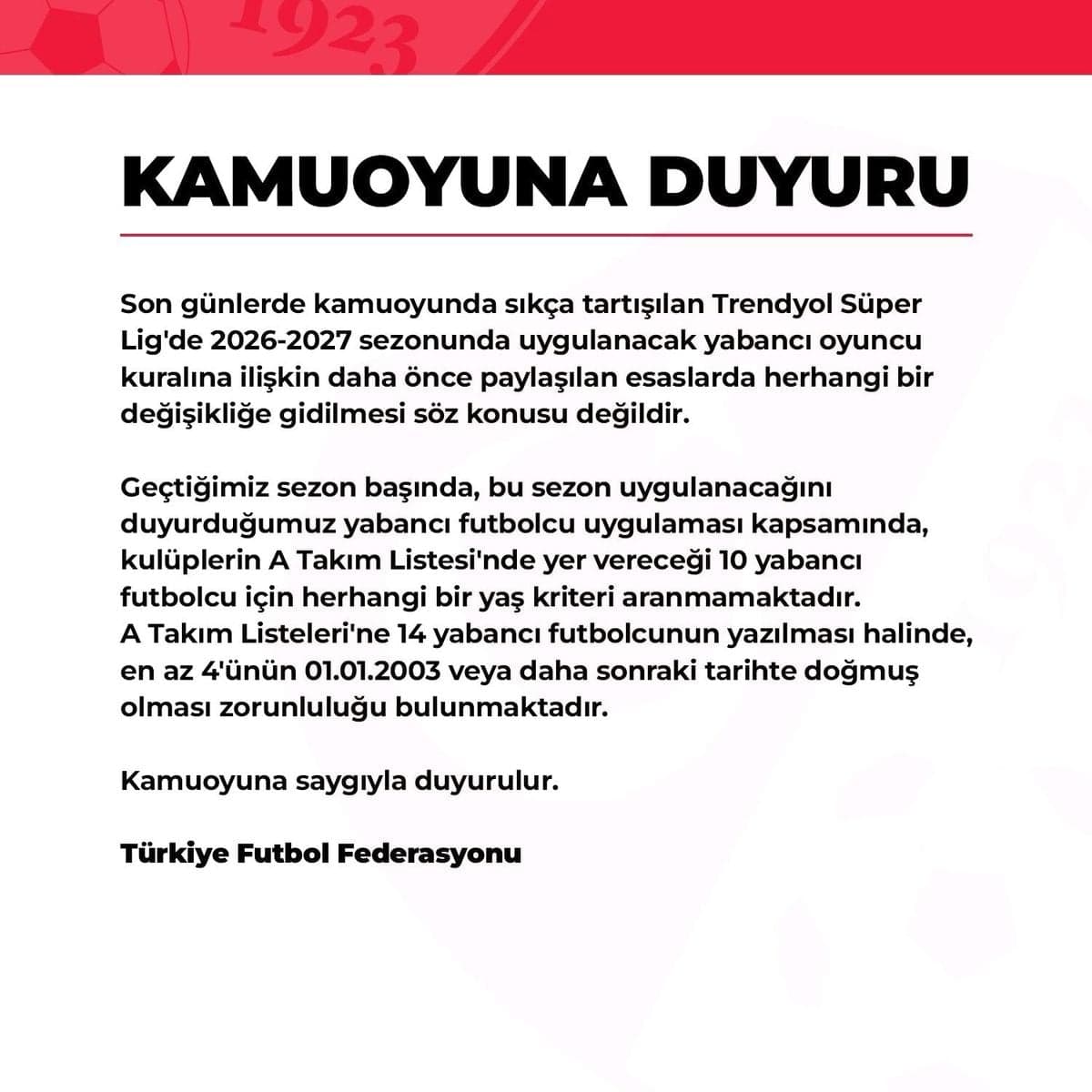 TFF, 2026-2027 Sezonunda Yabancı Oyuncu Kuralı İçin İstikrarı Onayladı